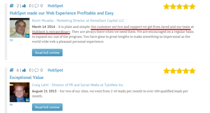 Social Proof Marketing: user-generated-content vs. company-generated-content  hubspot_review_example